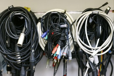 Abstract communication cables background. Wires and connectors for computer audio video. Saint-Gervais Mont-Blanc. France.