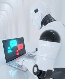 Conceptual robot using AI to chat online as a human 3d render