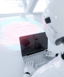 Futuristic robot using a computer to generate holographic maps and data concept 3d render