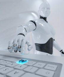Robot typing on a computer using AI to pretend concept 3d render