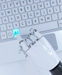 Robot typing on a computer using AI to pretend concept 3d render