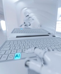 Robot typing on a computer using AI to pretend concept 3d render