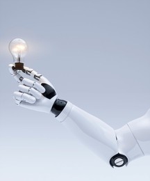 Robot holding an illuminated light bulb showing an AI idea concept 3d render