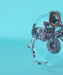 Blue sky thinking concept with cogs and gears running inside a head 3d render