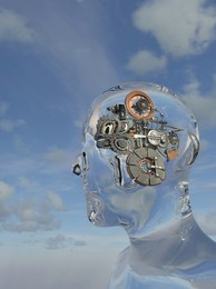 Blue sky thinking concept with cogs and gears running inside a head 3d render