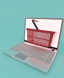 Conceptual shopping basket extruding through a laptop computer screen for online shopping 3d render