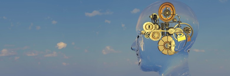 Blue sky thinking concept with cogs and gears running inside a head 3d render