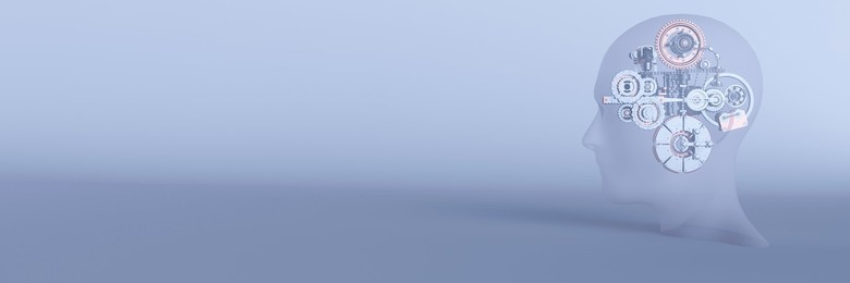 Blue sky thinking concept with cogs and gears running inside a head 3d render