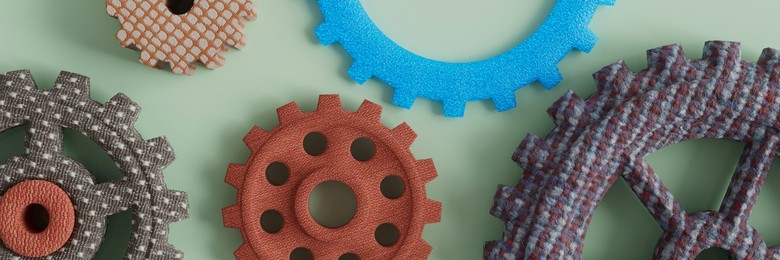 Vibrant soft material gears and cogs for learning engineering concept 3d render