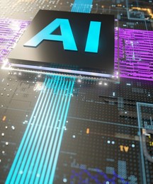 AI processor and circuit board concept with bright colors showing data transfer 3d render