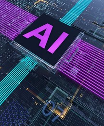 AI processor and circuit board concept with bright colors showing data transfer 3d render