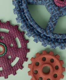 Vibrant soft material gears and cogs for learning engineering concept 3d render