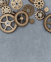 Pile of assorted metal gears and cogs on a table 3d render