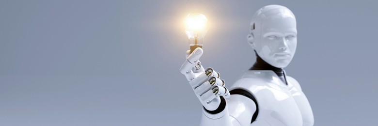Robot holding an illuminated light bulb showing an AI idea concept 3d render