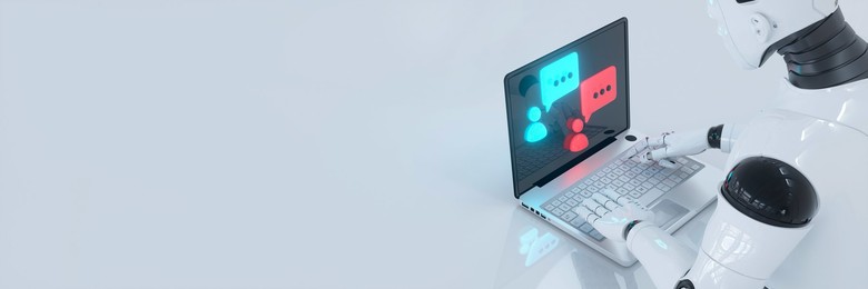 Conceptual robot using AI to chat online as a human 3d render