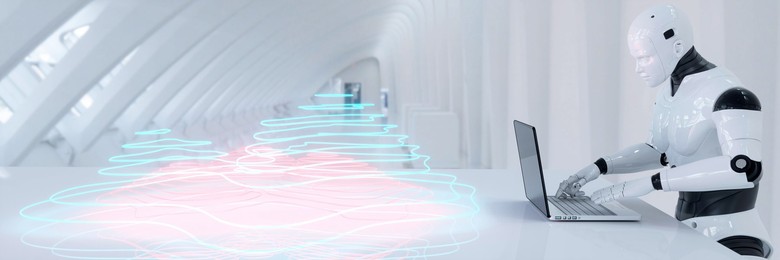 Futuristic robot using a computer to generate holographic maps and data concept 3d render