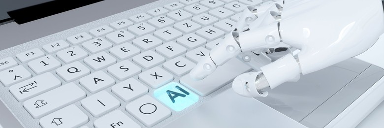 Robot typing on a computer using AI to pretend concept 3d render