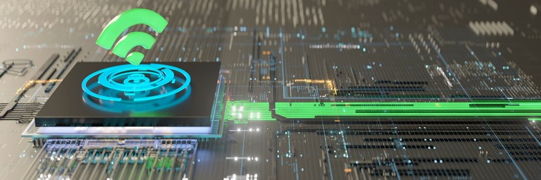 Conceptual Wi-Fi symbol showing a data stream along a modern circuit board and processor 3d render