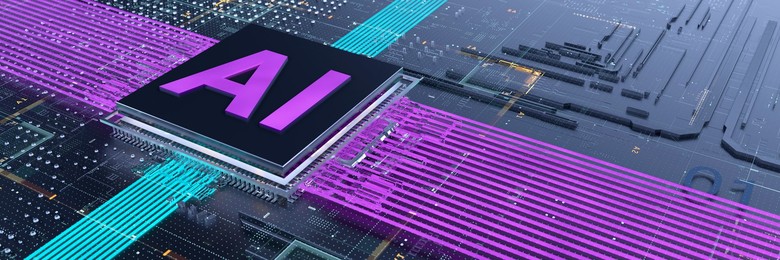 AI processor and circuit board concept with bright colors showing data transfer 3d render