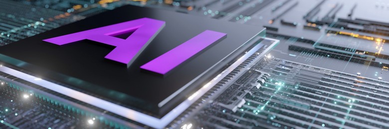 AI processor and circuit board concept with bright colors showing data transfer 3d render