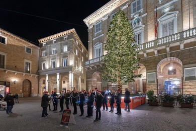 Piazza Liberta' square, Christmas illuminations, Macerata, Marche, Italy, Europe