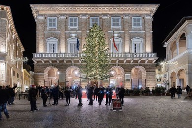 Piazza Liberta' square, Christmas illuminations, Macerata, Marche, Italy, Europe