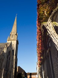 Wesley Memorial Methodist Church in Oxford, with Ivy-covered wall of Brasenose College