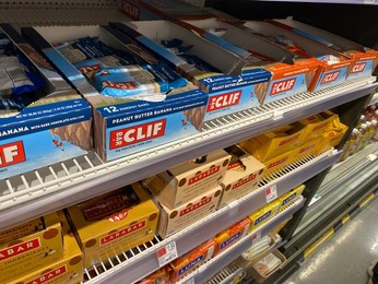 Cliff Bar, Larabar and Luna Bar, healthy protein snacks on display at CVS pharmacy, queens, New York