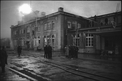 Fire brigade at fire in refrigerator factory.