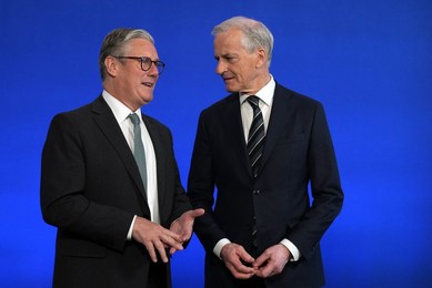 Britain's Prime Minister Keir Starmer, left, meets Norway's Prime Minister Jonas