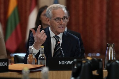 Norway's Prime Minister Jonas Gahr Store gestures during the Joint Expeditionary