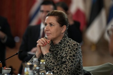 Danish Prime Minister Mette Frederiksen listens during the  Joint Expeditionary