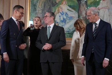 President of Finland Alexander Stubb, from left, Britain's Prime Minister Keir S