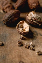 Black Cardamom Whole and Seeds On Dark Wooden Table. Healthy Eating. Spicy Cooking Ingredients. Asian Kitchen