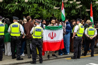 Protest outside the Israeli Embassy after deadly attacks on Iran