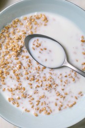Healthy Breakfast Wheat Porridge with Milk In Blue Bowl. Metal Spoon with Creamy Mixture. Closeup View of Nutritious Morning Meal with Whole Grains
