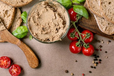 Top View Homemade Liver Pate Glass Bowl Fresh Bread Slices Cherry Tomatoes Basil Leaves Wooden Spoon Rustic Background. Healthy Appetizer Snack