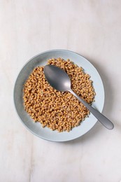 Top View of Sprouted Wheat Grains In Light Blue Ceramic Bowl with Metal Spoon on White Marble Background. Healthy Organic Cereal For Nutrition