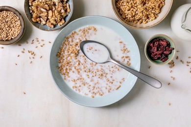Sprouted Wheat Bowl with Milk Surrounded by Small Bowls Containing Walnuts Oats Dried Cranberries. Healthy Breakfast Setup on White Table. Top View