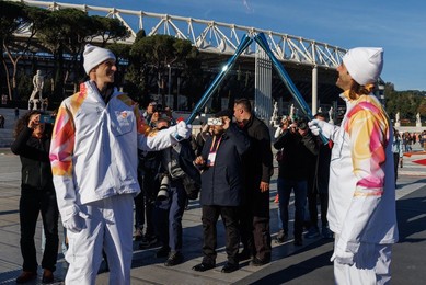 The Olympic Torch departs Rome for the 2026 Milan-Cortina Winter Olympics.