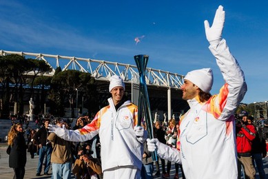 The Olympic Torch departs Rome for the 2026 Milan-Cortina Winter Olympics.