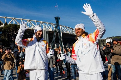 The Olympic Torch departs Rome for the 2026 Milan-Cortina Winter Olympics.