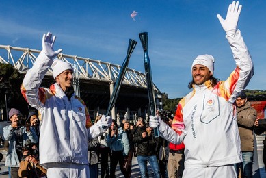 The Olympic Torch departs Rome for the 2026 Milan-Cortina Winter Olympics.