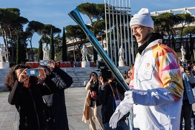 The Olympic Torch departs Rome for the 2026 Milan-Cortina Winter Olympics.