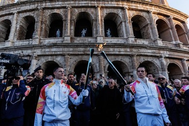 The Olympic Torch departs Rome for the 2026 Milan-Cortina Winter Olympics.