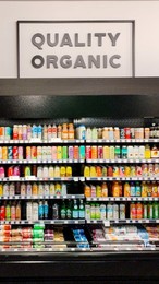 Quality organic food display in a local neighborhood small grocery store.