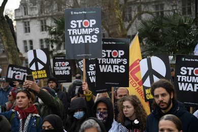 Stop The War Coalition Stage Protest against US and Israel Strikes on Iran in Parliament Square, London - Saturday 28 February 2026