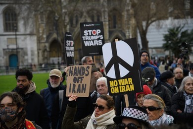 Stop The War Coalition Stage Protest against US and Israel Strikes on Iran in Parliament Square, London - Saturday 28 February 2026