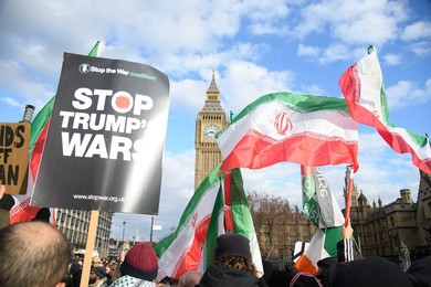 Stop The War Coalition Stage Protest against US and Israel Strikes on Iran in Parliament Square, London - Saturday 28 February 2026