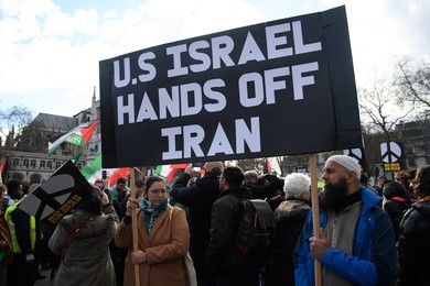 Stop The War Coalition Stage Protest against US and Israel Strikes on Iran in Parliament Square, London - Saturday 28 February 2026